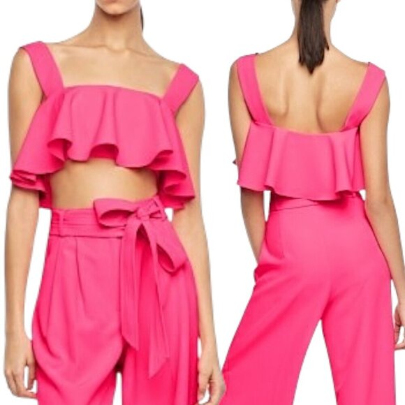 MILLY - Women’s Ruffle Crop Top, ‘Italian Cady’ Draped - Hot Pink, Size 6 - Picture 1 of 16